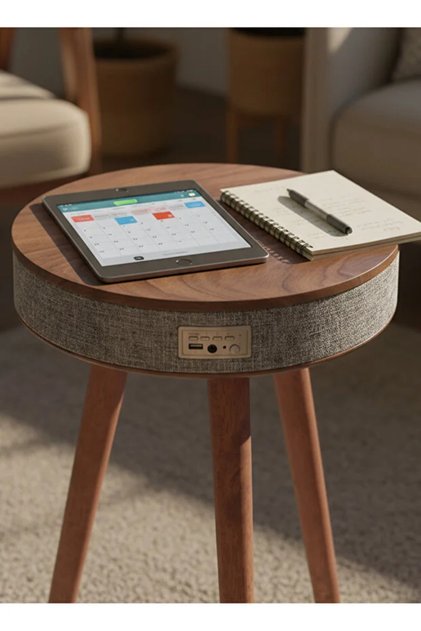 360° Bluetooth Speaker Side Table with Wireless Charging Wooden Nightstand for Bedroom