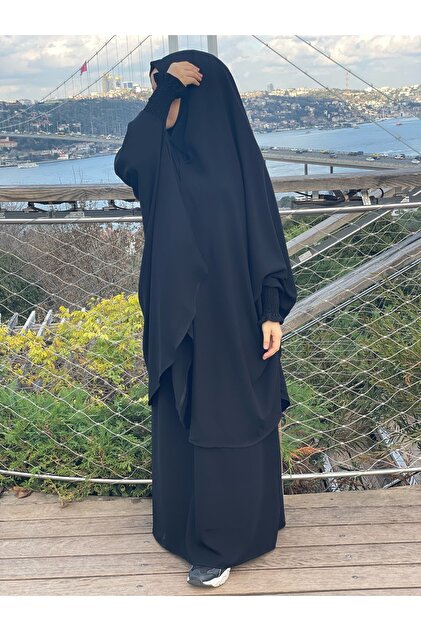 Siyah Afgan Takım Medine İpeği Tesettür Şık İkili Takım