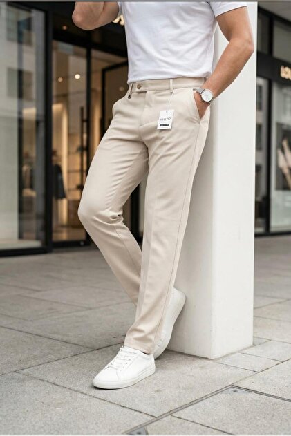 Ser Joven Men's Beige Slim Fit Lycra Side Pocket Ankle Length Plain Fabric  Trousers- Trendyol