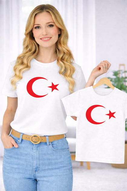 Mother Unisex Kids Combination Oversize T-Shirt Twin T-Shirt Mother Child Turkish Flag Printed (Single Price)