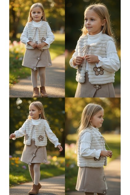 Lady Gold 6265 Girl's Daisy Embroidered Turtleneck Sweater Skirt 3-Piece Set 2-3-4-5-6-7-8-9 Years Old