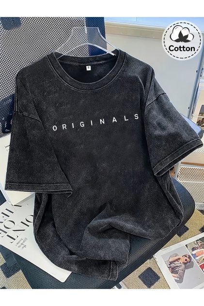 Smoked Washed T-Shirt - Denim Textured Retro Design Loose Top