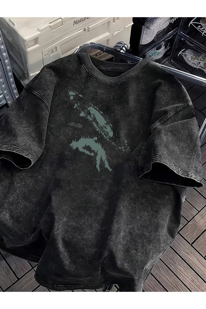 Street Style Retro Acid Wash Gray T-Shirt - Loose Fit Stonewashed Unisex Top