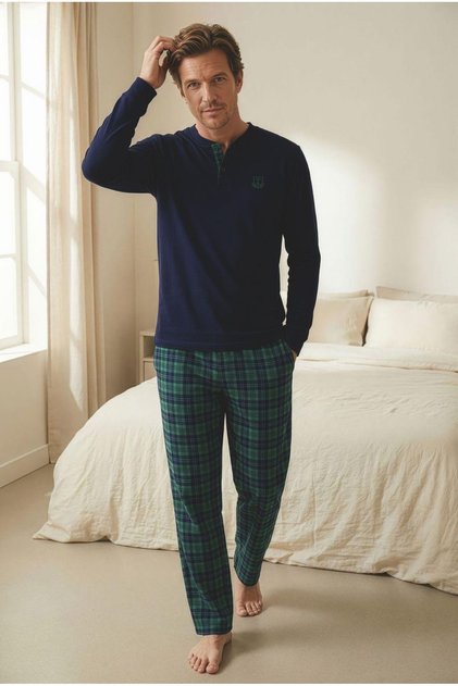 Men's Green Plaid Patterned Long Sleeve Pajama Top – 100% Cotton Combed Single Jersey Comfortable Fit