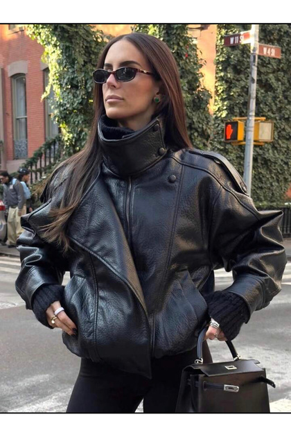 sinemkivanc co Viral Oversized Women's Leather Jacket High Collar