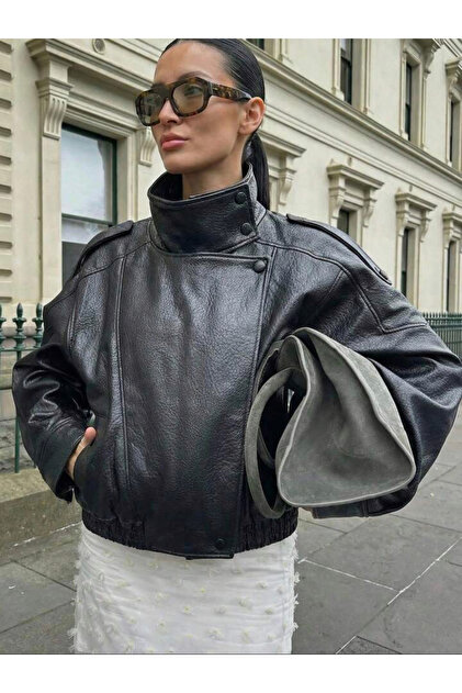 sinemkivanc co Viral Oversized Women's Leather Jacket High Collar