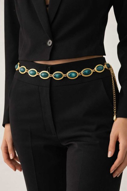 Colorful Plastic Bead Detailed Women's Waist Cord with Gold Chain Detail Adjustable Belt