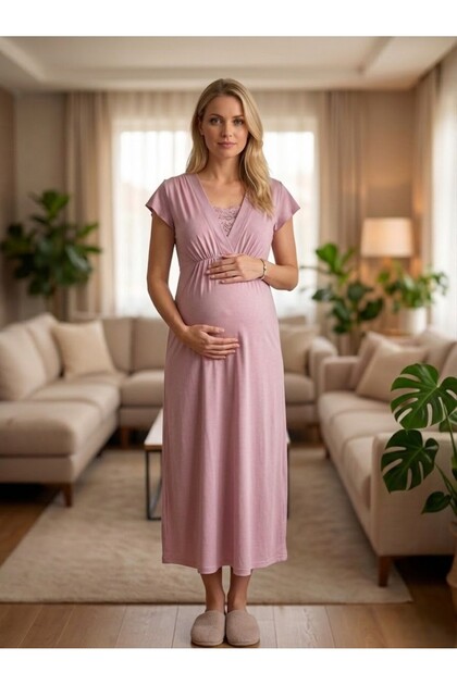 Lohussa New Season Dusty Rose Summer Lace Detailed Double-Breasted Design  Short Sleeve Maternity Nightgown- Trendyol