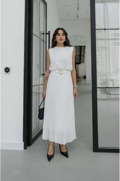 Havo White Pleated Dress with Gold Belt Detail- Trendyol