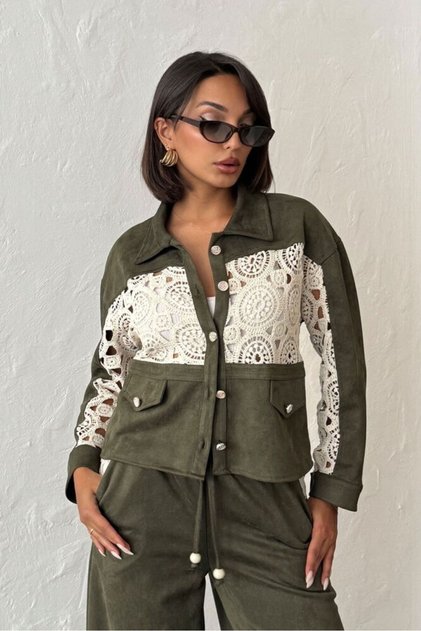 Lace Detailed Suede Look Women's Shirt Jacket - Khaki | F1957 - Khaki