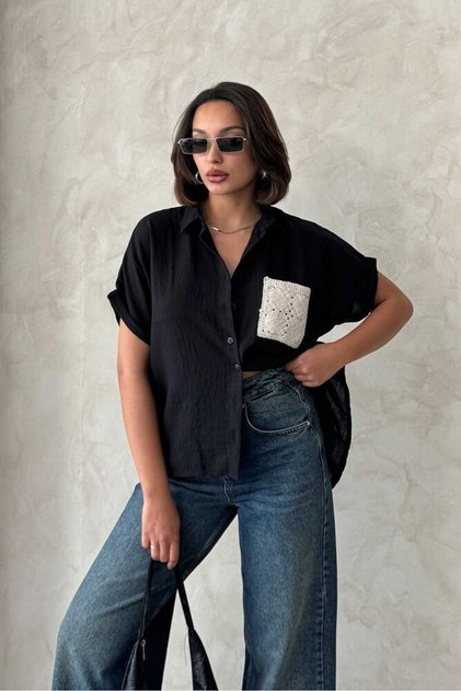 Black Linen Raw Linen Shirt with Appliqué Pockets | D2360 - Black Linen Raw Pocket