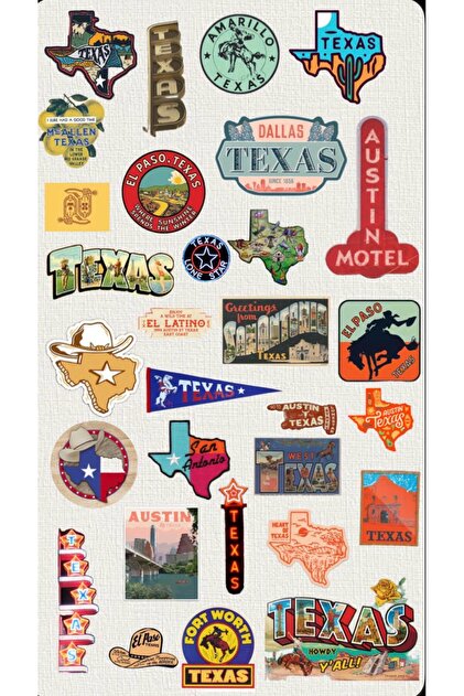 22x30 cm Texas Vintage Sticker Set – Retro Amerika, Route 66, Austin & Dallas Çıkartmaları