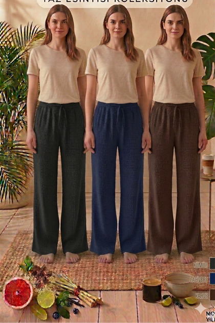 Women's Seersucker Textured Loose-Fit Pants - High Waist, Wide Legs, No Ironing Required Summer Pants