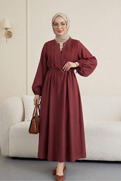 Modamorfo Half-Buttoned Ribbed Lace-Up Tencel Dress - Burgundy- Trendyol