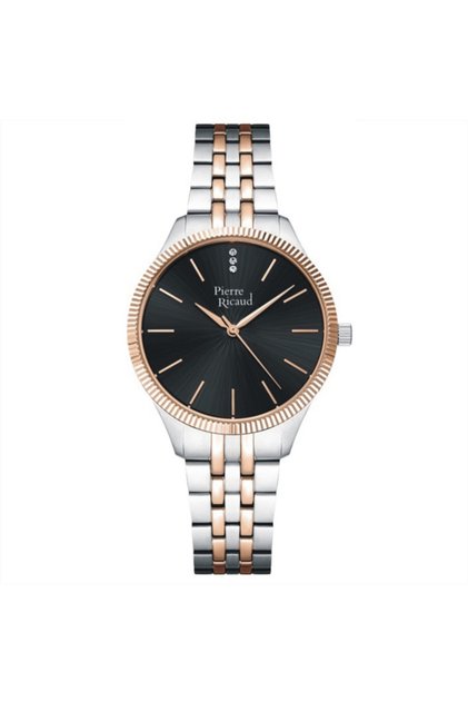 Ceas Pierre Ricaud, inox bicolor, carcasa 36mm, cadran negru, cristale albe, P23010.R114Q
