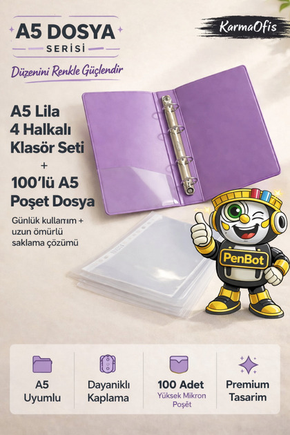 KarmaOfis A5 Lila 4 Halkalı Klasör Seti + 100'lü A5 Poşet Dosya