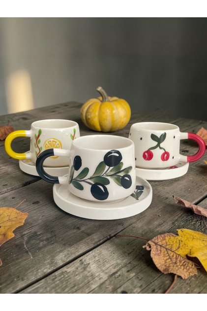 Decorative Fruit - Plant Figured Tea and Coffee Cup Set - 3-Piece Mug Set