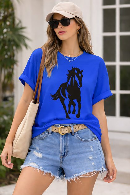 Horse Figured Printed Unisex Oversize T-Shirt – Cotton Crew Neck Casual Streetwear T-Shirt