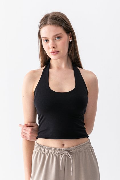 Women's Black 100% Cotton Neck-Cross Halter Neck Double Layer Crop Top Bodysuit