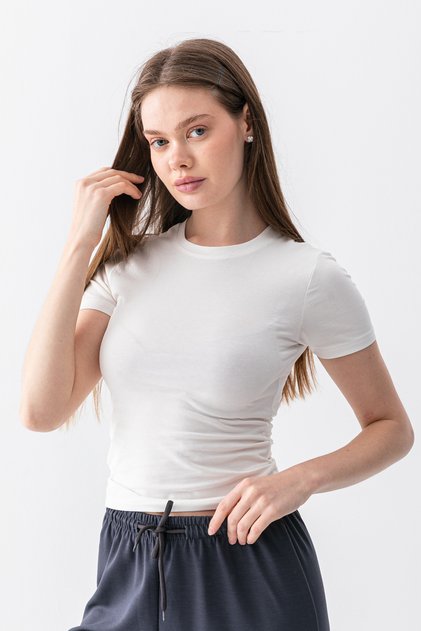 Women's Ecru 100% Cotton Ultra Soft Round Neck Short Sleeve Blouse