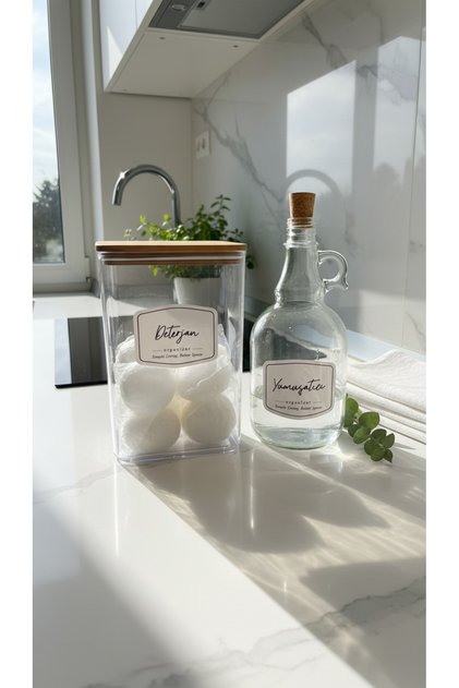 Detergent Jar with Wooden Lid 2000ml + Glass Fabric Softener Bottle 1000 ml Laundry Room Organizer