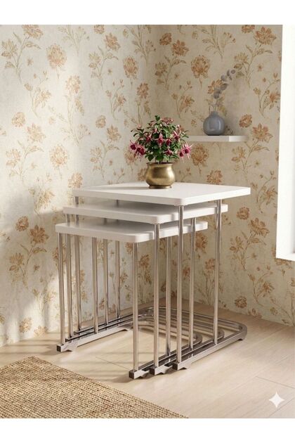SEHPA 3'LÜ TEKERLİ GÜMÜŞ METAL BEYAZ TABLA SEHPA