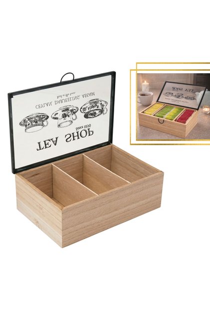 Cutie Organizatoare Ceai Si Capsule Cafea, 3 Compartimente, Lemn, Capac Sticla, Maro