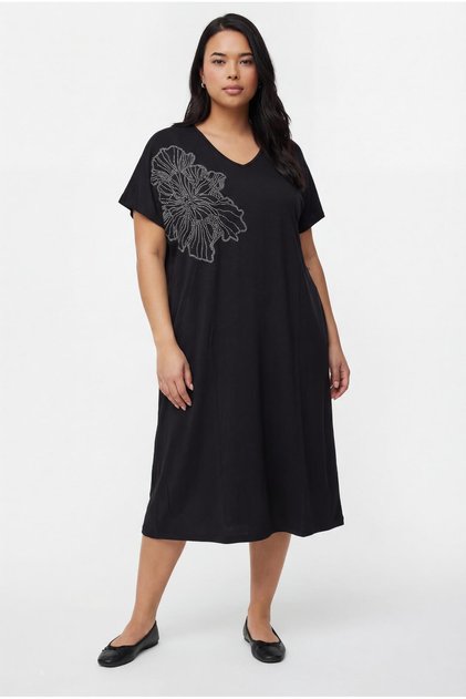 Women's Plus Size Digital Stone Printed V-Neck Midi Knitted Black Dress