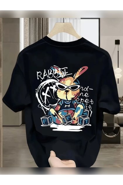 Unisex Oversized Printed Crew Neck Short Sleeve Black T-Shirt