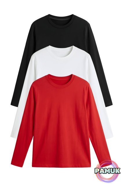Children's Combed Cotton T-Shirt Set - Set of 3 - Basic Cotton Crew Neck Long Sleeve Children's T-Shirt Set