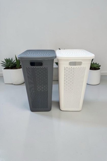 90 Litre Kapaklı Dekoratif İki Bölmeli Kirli Çamaşır Sepeti