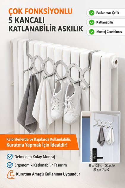 Paslanmaz Çelik 5 Kancalı Katlanabilir Askılık | Kalorifer ve Kapı Arkası Kurutmalık