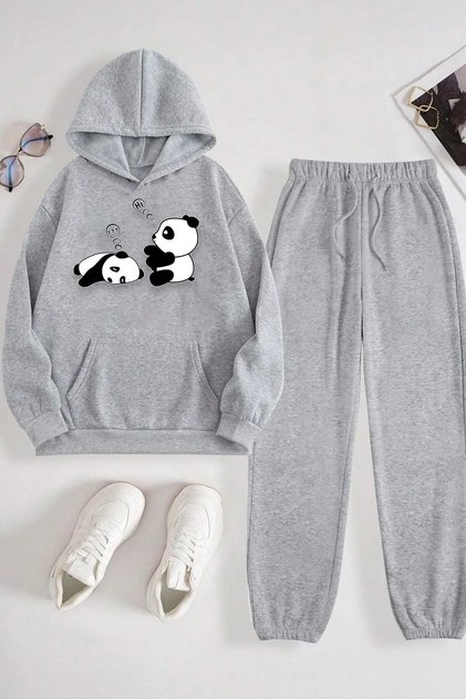 Unisex Panda Printed Tracksuit Set - Hooded Sweatshirt & Jogger Sweatpants