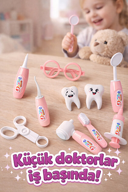 M&H Çantalı Oyuncak Dişçi Seti - 10 Parça Pembe Doktor Seti