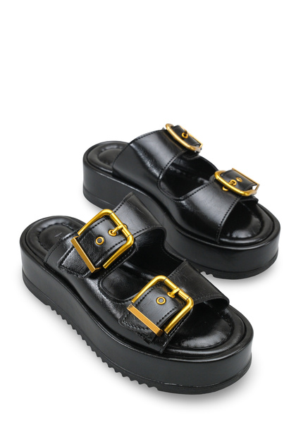 Winledha Women's Double Buckle Slippers 001278 Black Rustic