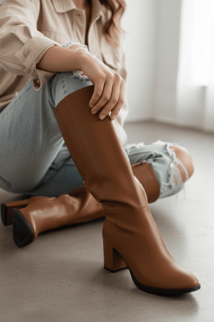 Cleopatra Tan Leather Heeled Boots (7cm) with Side Zipper for Daily Use
