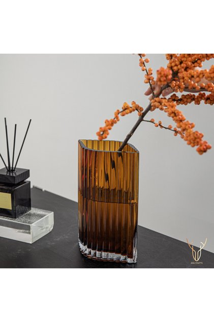 Line Amber Cam Dekoratif Vazo – Modern Amber Çiçek Vazosu, Salon ve Masa Dekoru - 25 cm