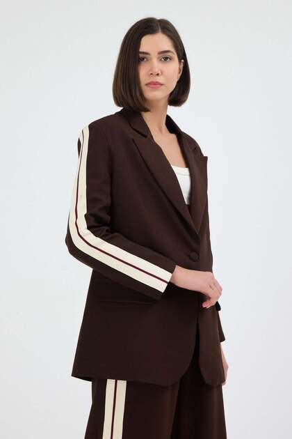 Kadın Yan Şerit Detaylı Oversize Blazer Ceket & Palazzo Kahverengi Takım