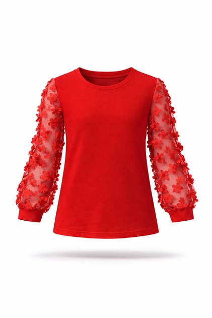Girls' Red Floral Detailed Long Sleeve T-Shirt - Tulle Sleeve Design 3-14 Years