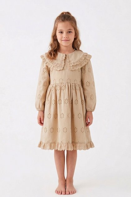 Girls' Scalloped Short Dress, Wide Collar Special Occasion Cotton Dress, Ages 3-8