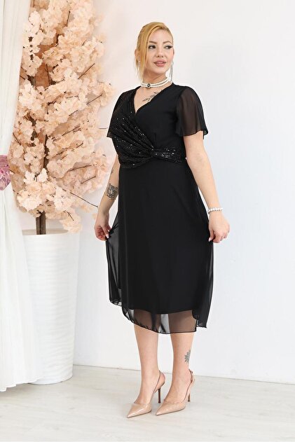 Siyezen Plus Size Chiffon Evening Dress with Twist Detail- Trendyol