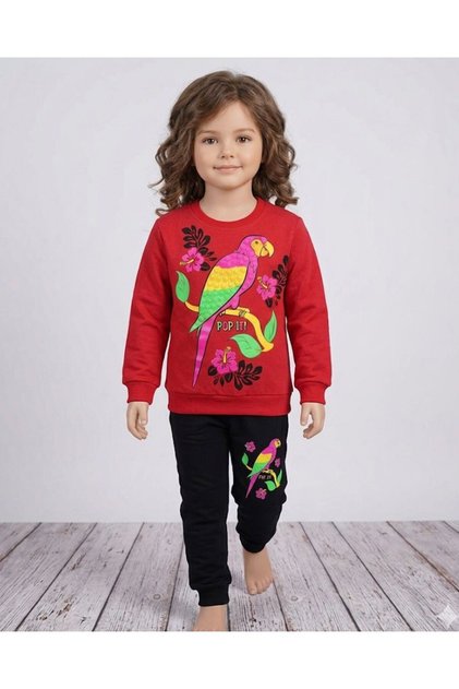Girl's Burgundy Parrot Popit Printed Tracksuit Set