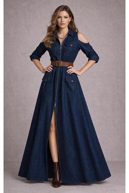 Maxi Boy Zipper Detailed Denim Dress Cou-93