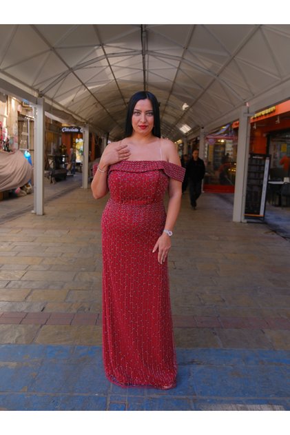 Siyah Taş İşlemeli Lady yaka Uzun Abiye