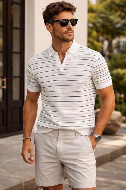 Men's Striped Knitwear Slim Fit Polo Neck T-Shirt