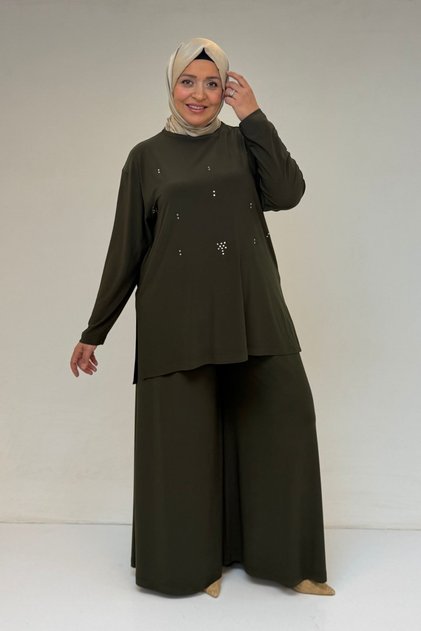 67030 Large Size Sandy Pants Suit with Side Slits - Khaki