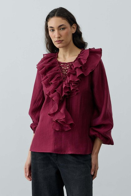 Flounced Liyosel Blouse Burgundy