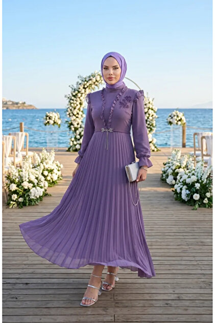 sefamerve Ruffle Detailed Chiffon Dress 50016-04 Purple- Trendyol