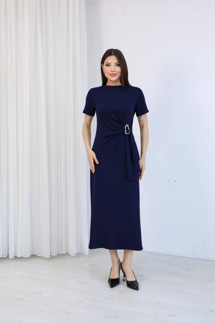 Women's Modal Fabric Waist Buckle Detailed Midi Dress Stylish Casual Office Dress