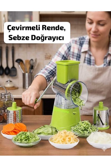 3 Başlıklı Çevirmeli Rende, Manuel Sebze Doğrayıcı, Pratik Çevirme Kollu El Rendesi Boy:22 CM